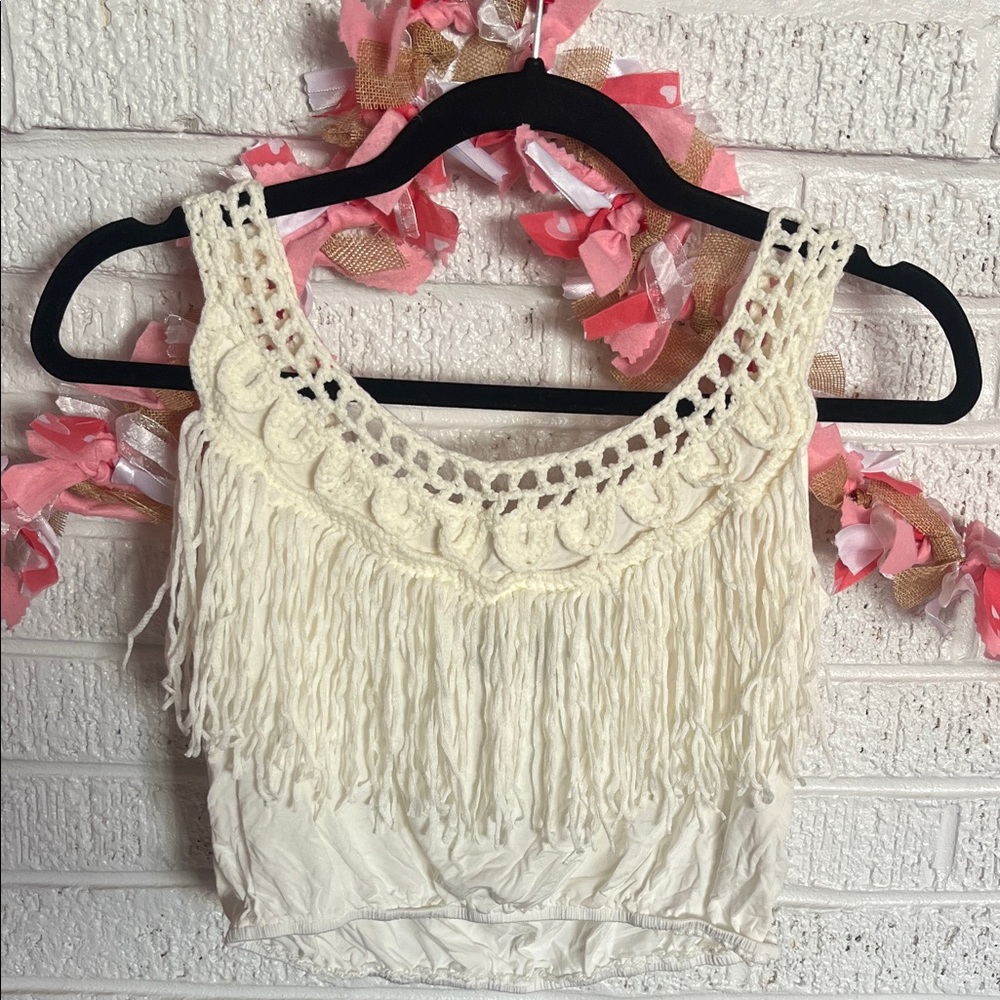POL Ivory Crochet Fringe Crop Top